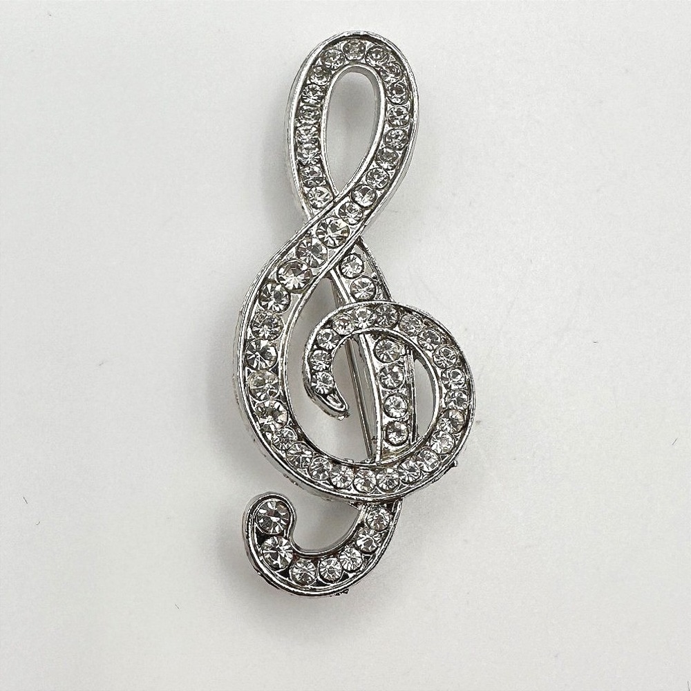Vintage Y2K Silver Tone Clef Treble Rhinestone Brooch Pin Unisex Classic Jewelry